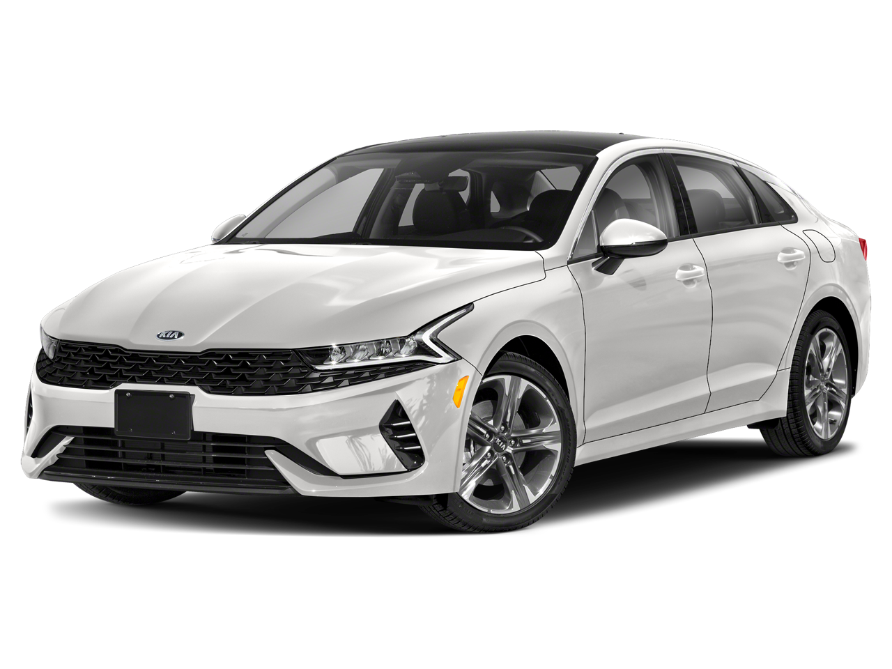 2021 Kia K5 EX in Glacial White Pearl — front three-quarter view